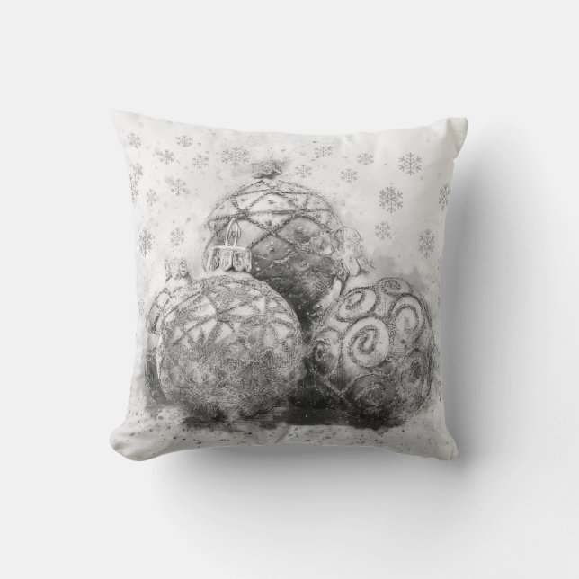 Christmas Holiday Ornaments Black & White Throw Pillow (Front)