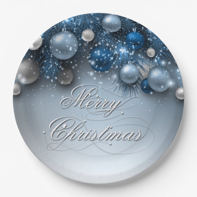 Christmas Holiday Ornaments - Blues Paper Plates (Front)