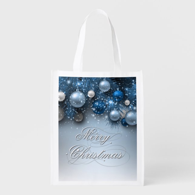 Christmas Holiday - Ornaments Blues Reusable Grocery Bag (Front)