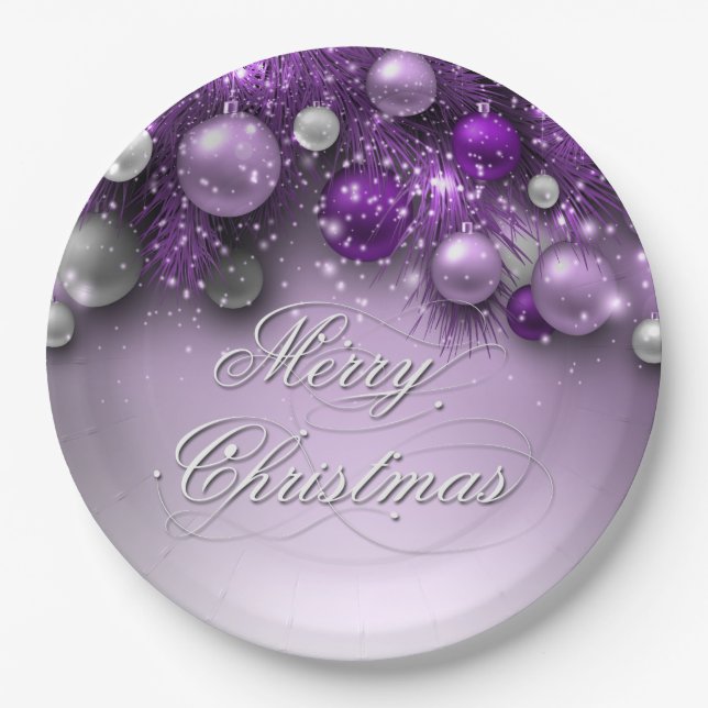 Christmas Holiday Ornaments - Purples Paper Plates (Front)