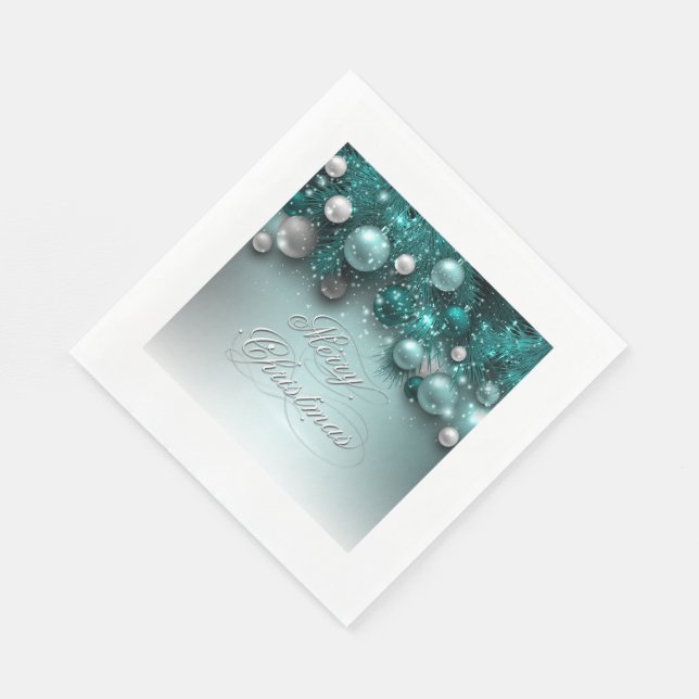 Christmas Holiday Ornaments - Teal Paper Napkins (Corner)