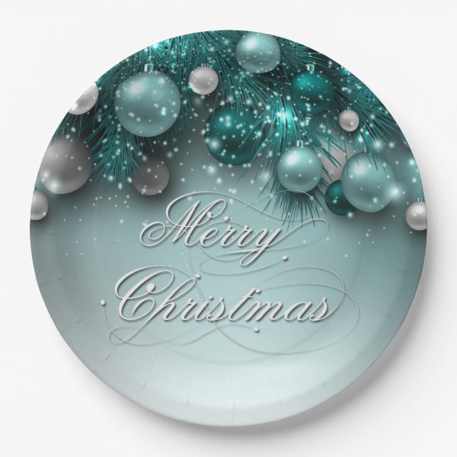 Christmas Holiday Ornaments - Teal Paper Plates (Front)