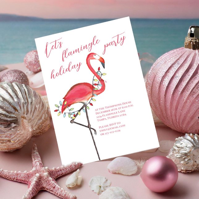 Christmas Holiday Party Cute Pink Flamingo Invitation (Let's Flamingle holiday invitation with a watercolor pink flamingo)