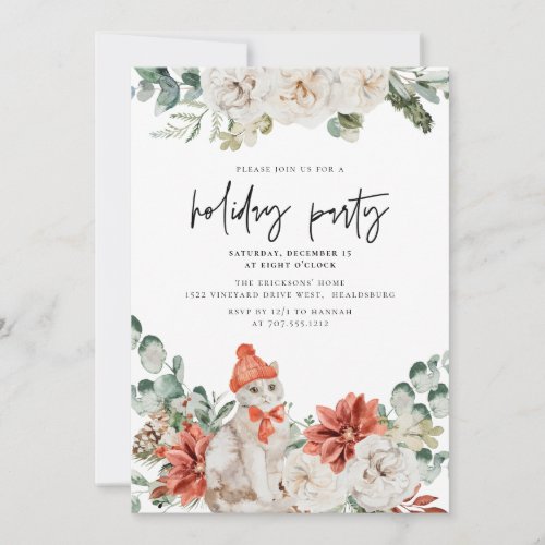 Christmas Holiday Party Dinner Modern Floral Cat Invitation