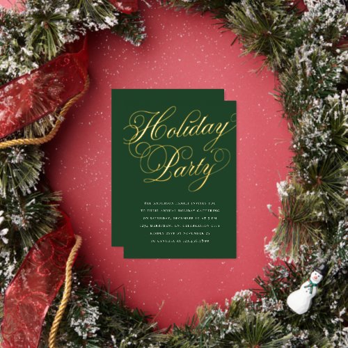 Christmas Holiday Party Elegant Calligraphy Green Foil Invitation