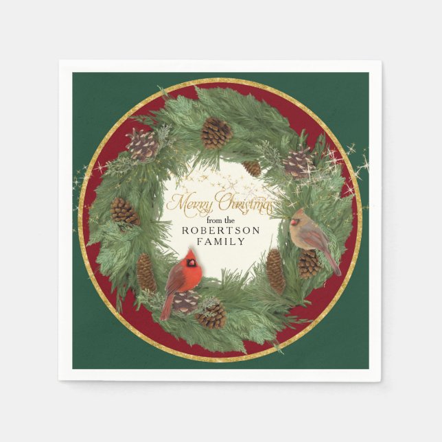 Christmas Holiday Party Evergreen Wreath Cardinals Napkins (Front)