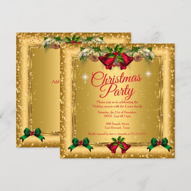 Christmas Holiday Party Gold Red Glitter 2 Invitation (Front/Back)