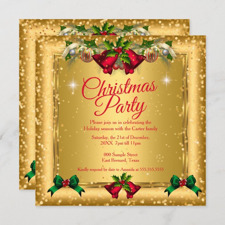 Christmas Holiday Party Gold Red Glitter 2 Invitation | Zazzle