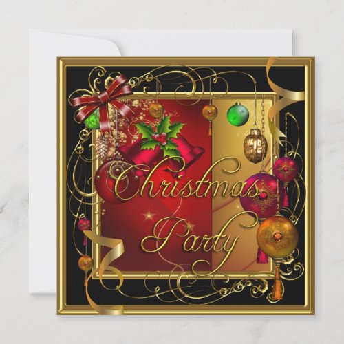 Christmas Holiday Party Gold Red Xmas Glitter Custom Invitations