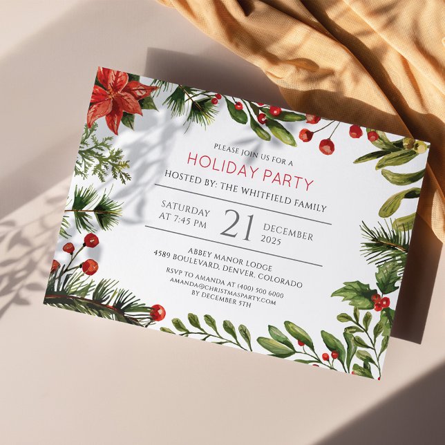 Christmas Holiday Party Greenery Modern Watercolor Invitation Postcard (Botanical Floral Poinsettia Christmas Party Invitation Postcard)