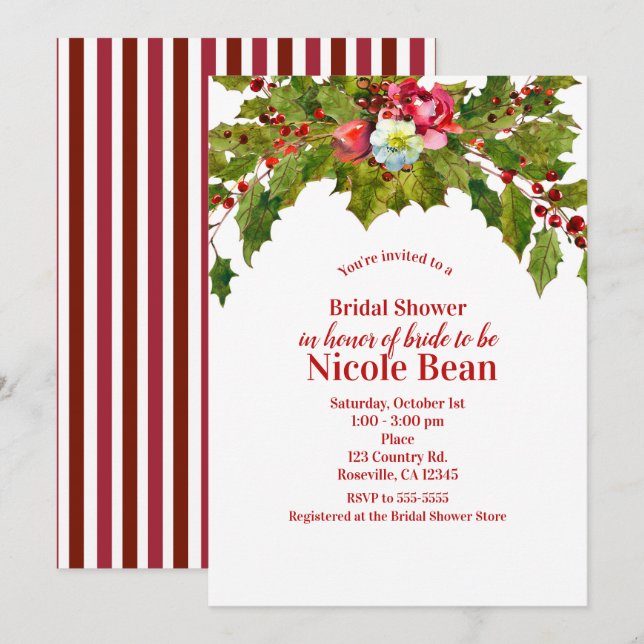 Christmas Holiday Party Holly Berry Bridal Shower Invitation (Front/Back)