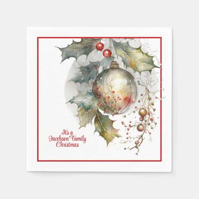 Christmas Holiday Party Holly Ornament Family Napkins (Front)