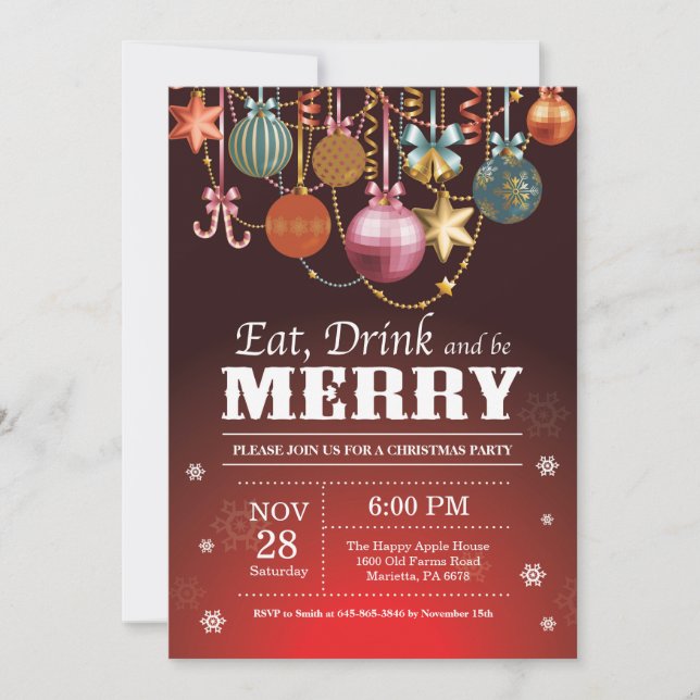 Christmas Holiday Party Invitation Eat Drink Merry (Front)