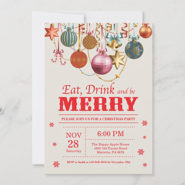 Christmas Holiday Party Invitation Eat Drink Merry (Front)