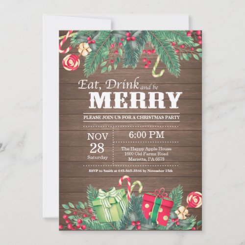 Christmas Holiday Party Invitation Rustic Wood