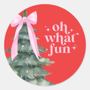 Christmas Holiday Party Oh What Fun Pink Classic Round Sticker