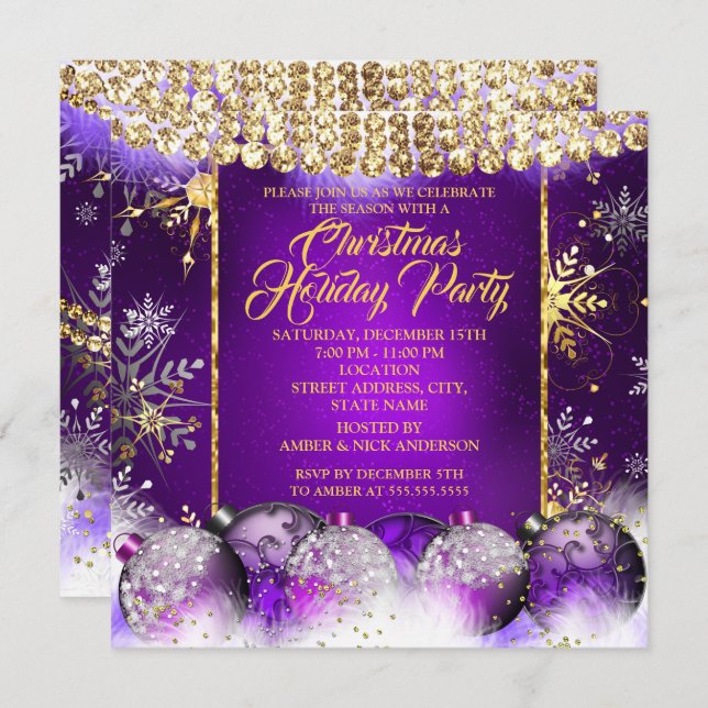 Christmas Holiday Party purple gold Bauble Snow Invitation (Front/Back)