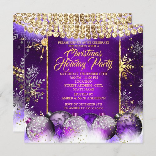 Christmas Holiday Party purple gold Bauble Snow Invitation