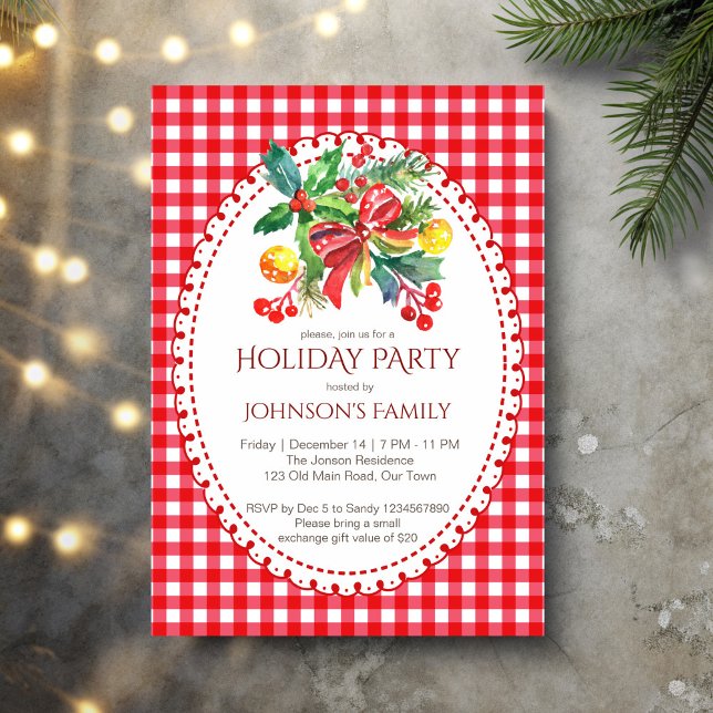 Christmas holiday party red gingham pines invitation (Red gingham retro grand millennial Christmas holiday party invitation cards template)
