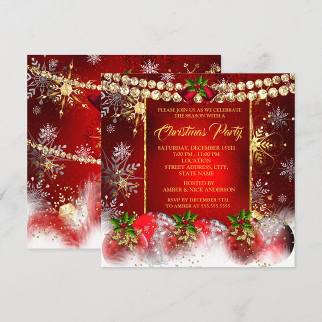 Christmas Holiday Party red gold Baubles Holly Invitation (Front/Back)