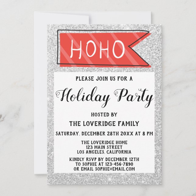 Christmas Holiday Party Red & Gray Silver Glitter Invitation (Front)