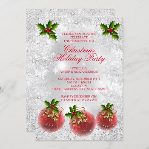 Christmas Holiday Party Red Holly Bauble Silver Invitation