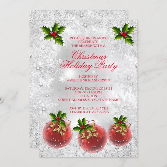 Christmas Holiday Party Red Holly Bauble Silver Invitation | Zazzle.com