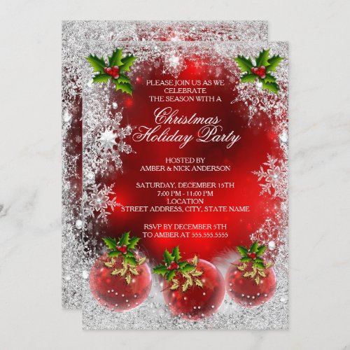 Christmas Holiday Party Red Holly Bauble Snowflake Invitation
