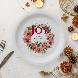 Christmas Holiday Party Red Joy Wreath Botanical Paper Plates