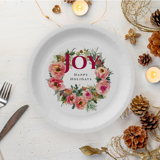 Christmas Holiday Party Red Joy Wreath Botanical Paper Plates (Creator Uploaded)
