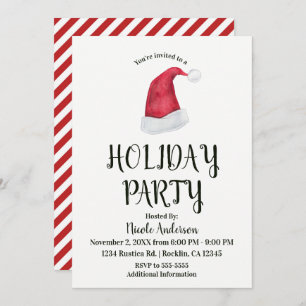 Christmas Holiday Party Red Santa Hat & Stripes Invitation