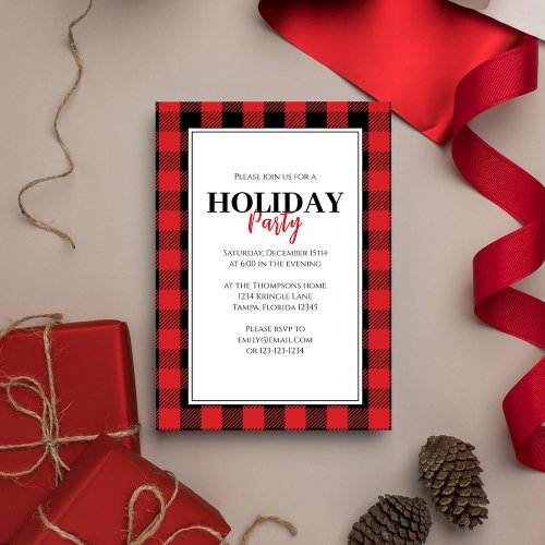 Christmas Holiday Party Rustic Red Buffalo Plaid  Invitation