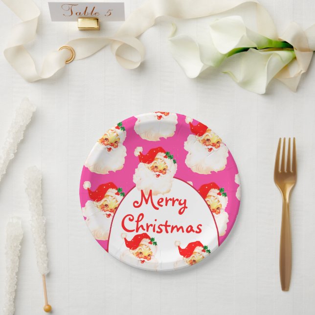 Christmas Holiday Party Santa Claus Pink Paper Plates (Wedding)