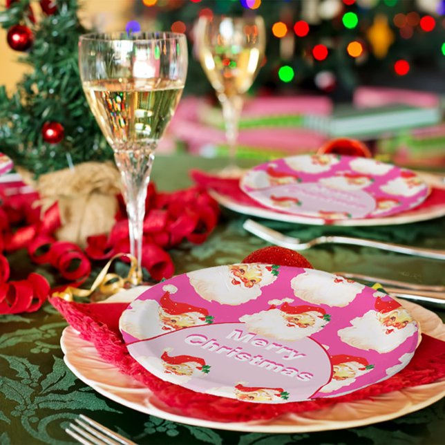 Christmas Holiday Party Santa Claus Pink Paper Plates (Creator Uploaded)