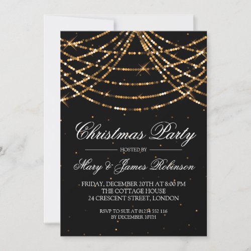 Christmas Holiday Party String Lights Gold Invitation