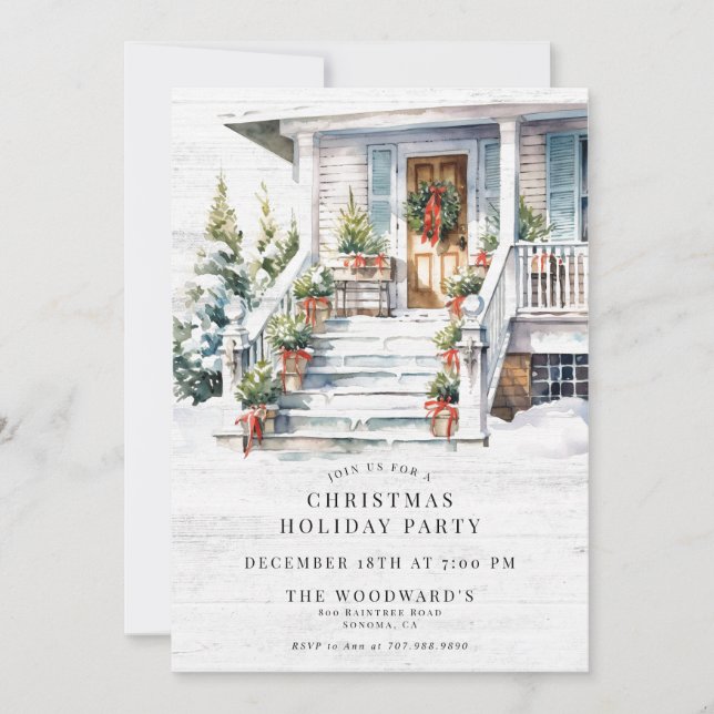 Christmas Holiday Party Watercolor House Invitation (Front)