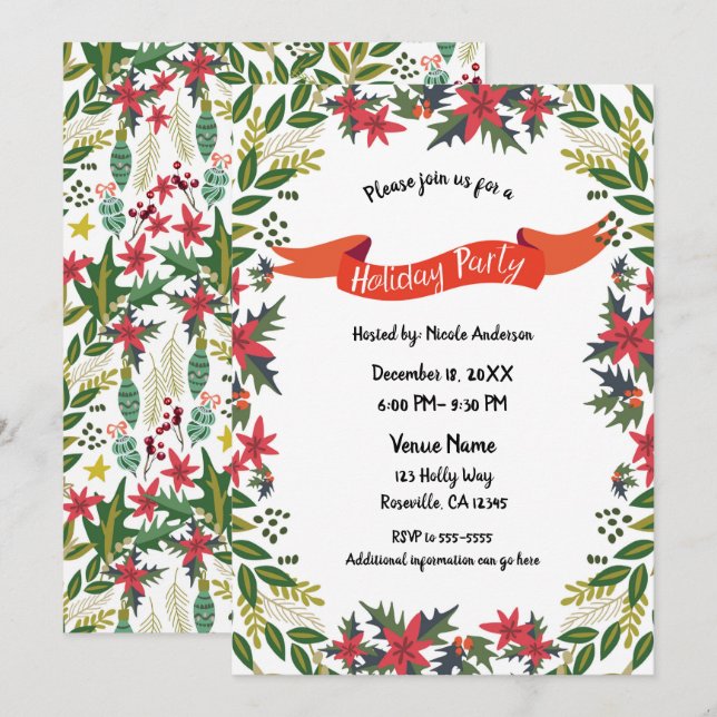 Christmas Holiday Party Whimsical Floral Berries Invitation (Front/Back)