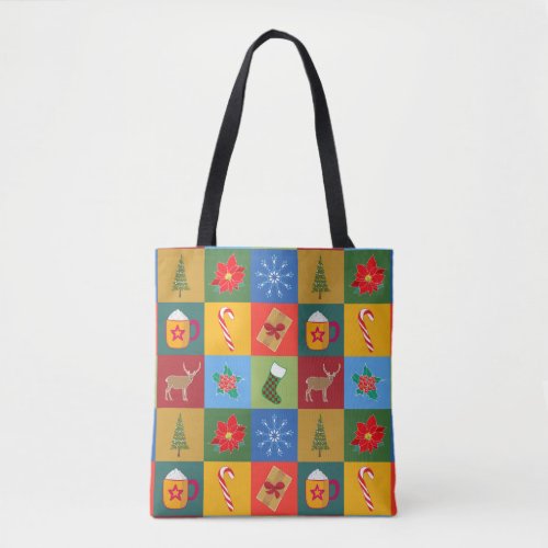 Christmas holiday patchwork pattern tote bag