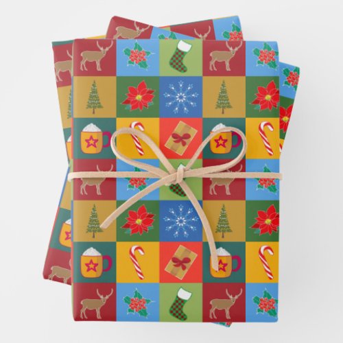 Christmas holiday patchwork pattern wrapping paper sheets