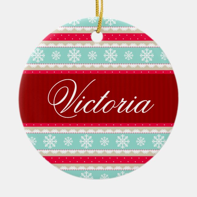 Christmas Holiday Pattern Custom Name Ceramic Ornament (Front)