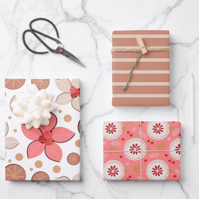 Christmas Holiday Pattern Modern Flower Wrapping Paper Sheets (Front)