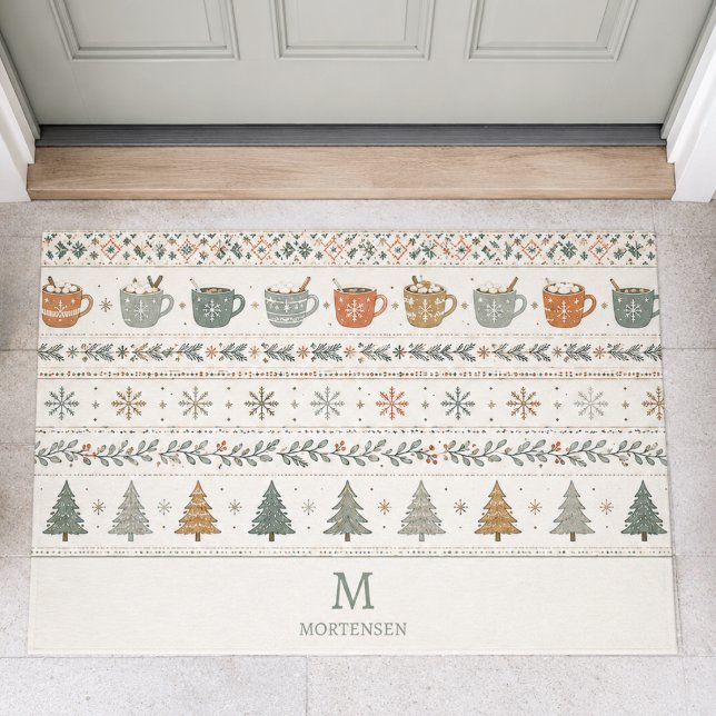 Christmas Holiday Pattern Monogram Doormat (elegant hygge winter christmas holiday pattern door mat with custom monogram initial family name )