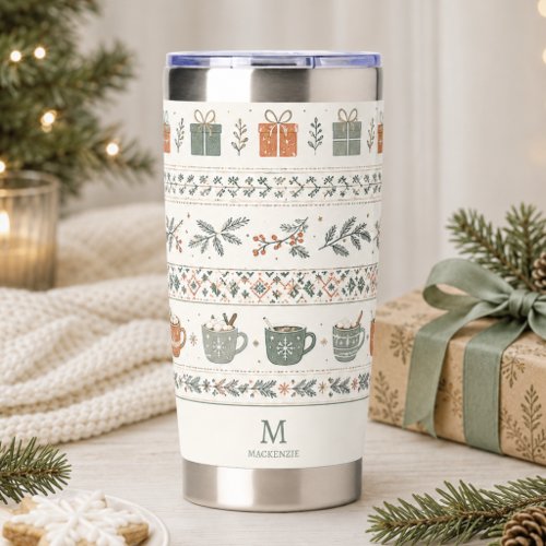 Christmas Holiday Pattern Monogram Insulated Tumbler