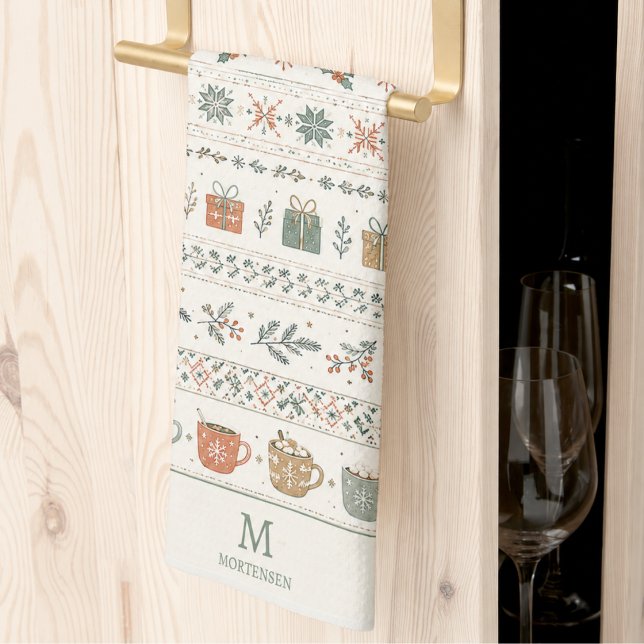 Christmas Holiday Pattern Monogram Kitchen Towel (elegant cozy scandinavian hygge christmas holiday pattern kitchen towel with custom monogram)