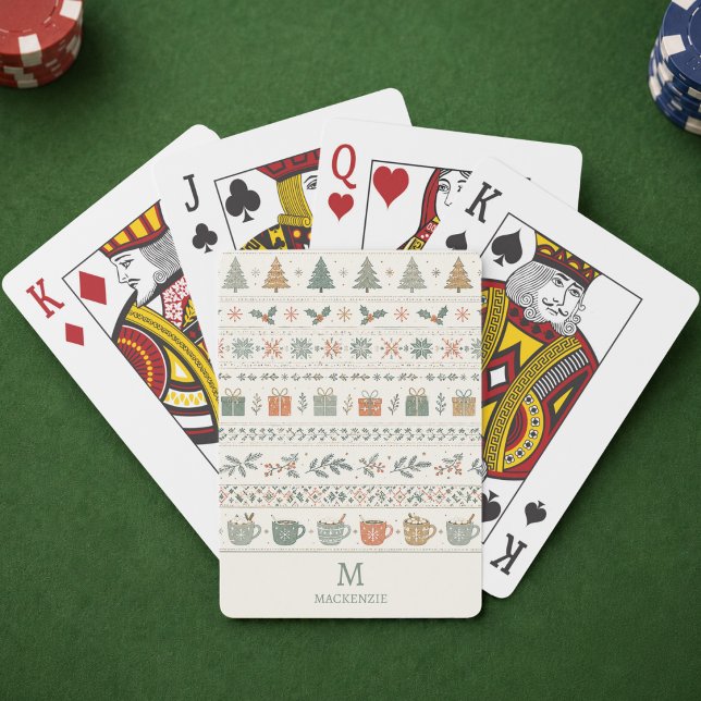 Christmas Holiday Pattern Monogram Poker Cards (elegant cozy hygge festive christmas holiday playing cards with custom monogram initial and name)