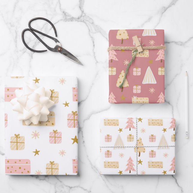 Christmas Holiday Pattern Pink Tree and Gifts Wrapping Paper Sheets (Front)