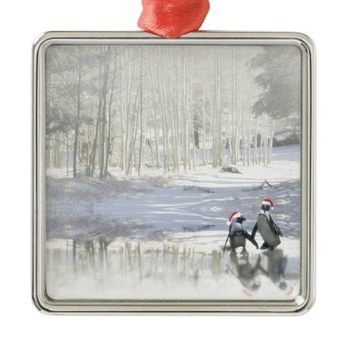 Christmas Holiday Penguins Skating Metal Ornament