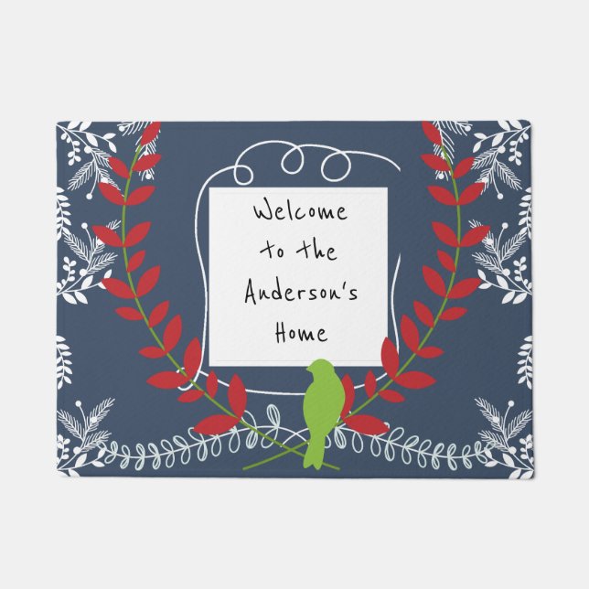 Christmas Holiday  Personalized Bird and Vines Doormat (Front)