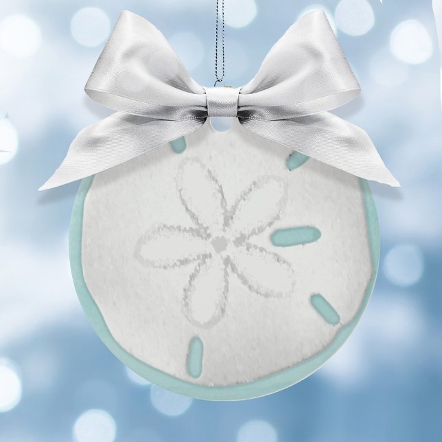 Christmas Holiday Photo Blue Beach Sand Dollar Sea Ceramic Ornament (With a simple sand dollar on the front side with an editable turquoise background.)