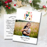Christmas Holiday Photo Hand Drawn Joy Peace Love  Postcard<br><div class="desc">Spread joyous holiday cheer with this postcard featuring your horizontal photo accented with hand lettered "Joy Peace Love" text The backside features space for a typed holiday note or delete and leave space to handwrite one. Also add your return address. Fun and modern yet simple and festive - perfect for...</div>